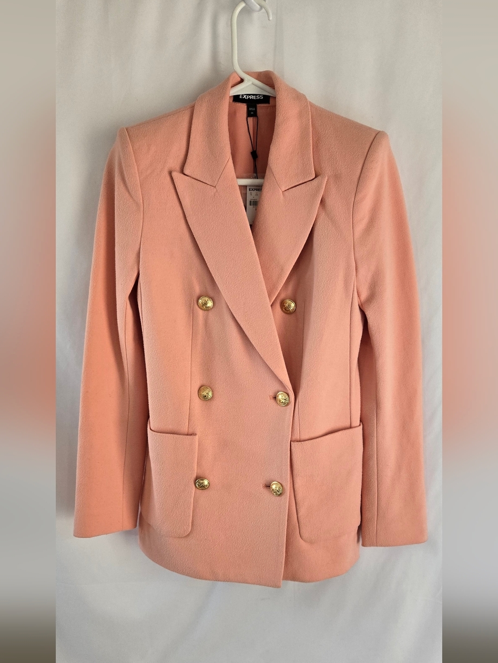 Express Double-Breasted Peachy Pink Blazer with Gold Buttons